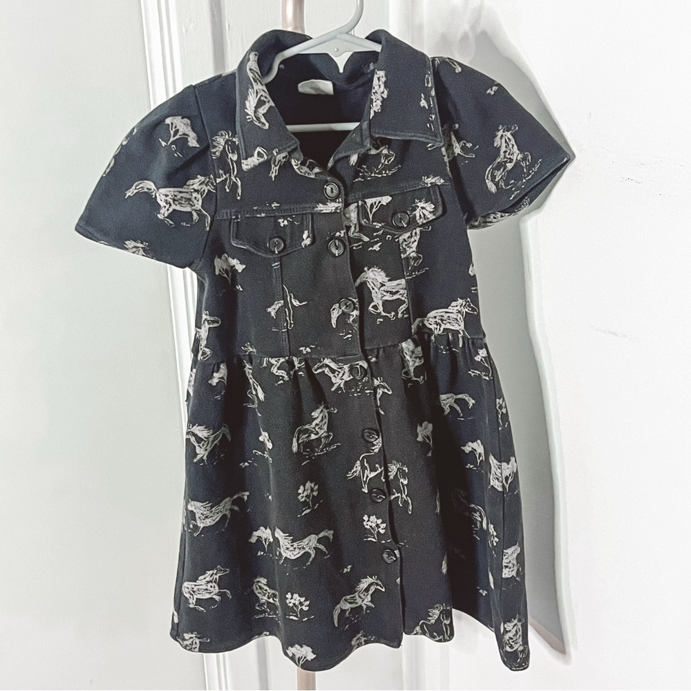 Zara Girls Equestrian Style Horse Sketch Print Black Shirt Dress Size 7